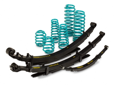 A set of Dobinsons black leaf springs and Dobinsons aqua coil springs arranged on a white background.